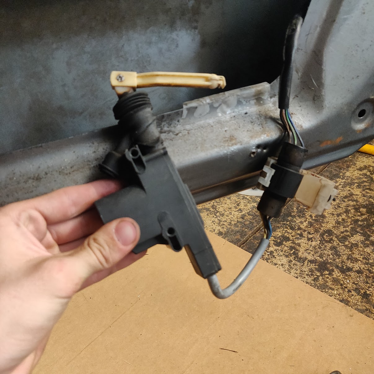 The crusty old lock actuator. This door had been sitting for a long time.